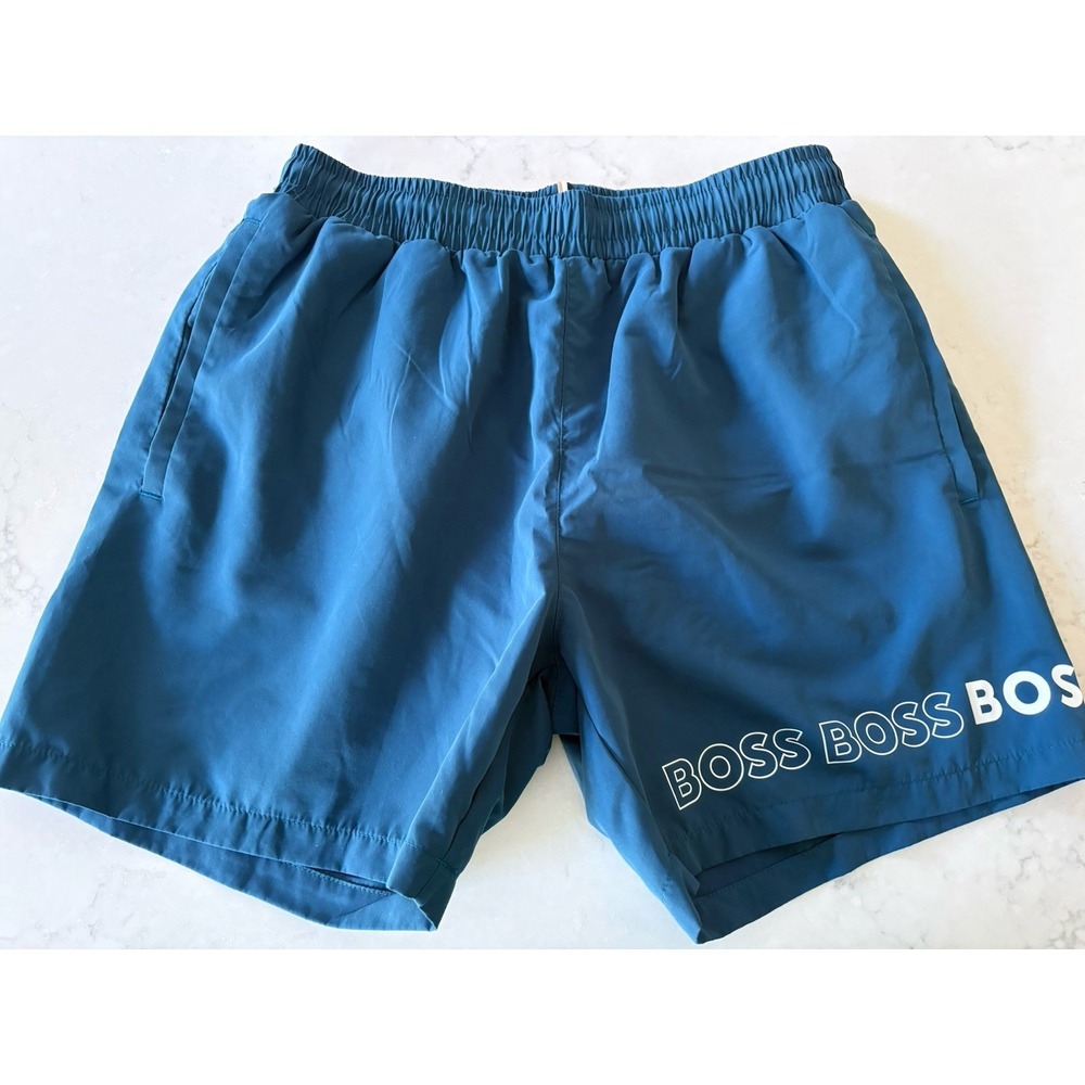 Hugo Boss Swim Shorts Mens Size Small Lined Trunks Logo Spellout Blue Green